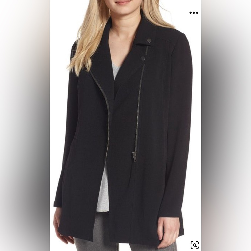 Leith Longline Moto Jacket in Black. Size Medium